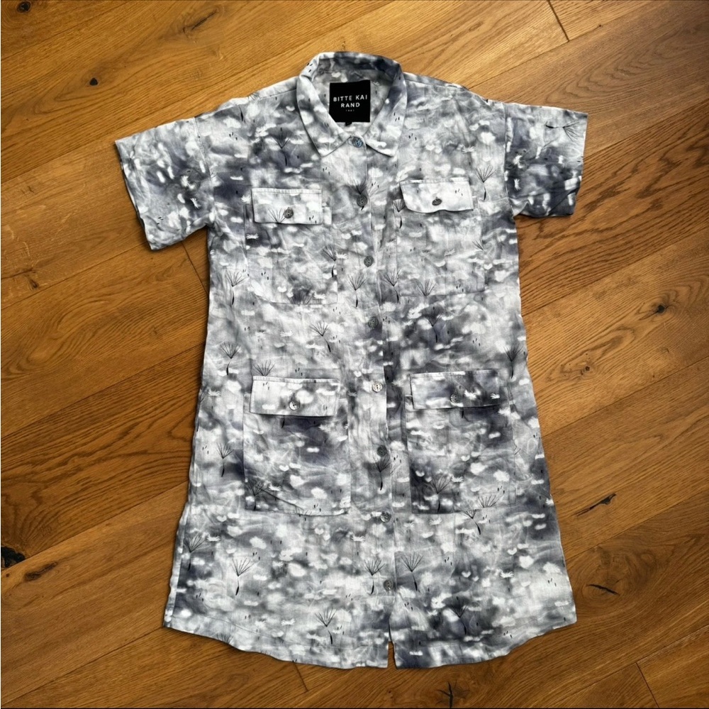 Bitte Kai Rand Cotton Shirt Dress Gray Dandelion Print Utility Pockets Sz M EUC - Picture 3 of 12